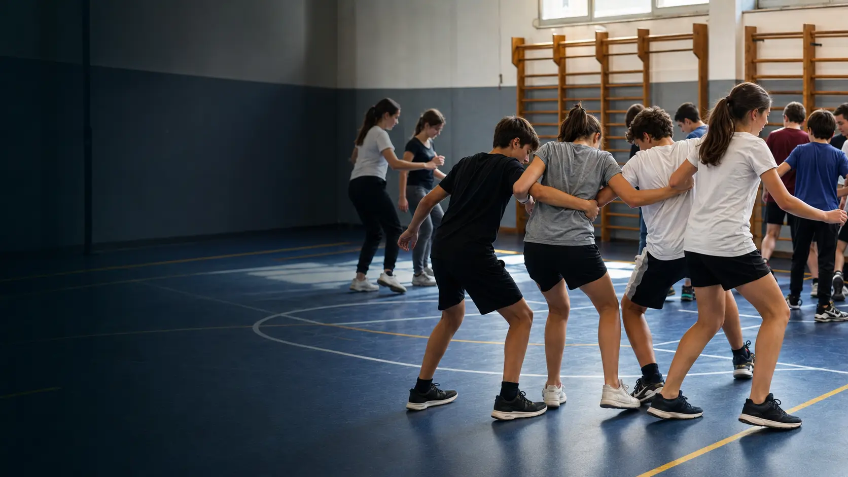 Studenti durante un’attività motoria di gruppo nella palestra scolastica