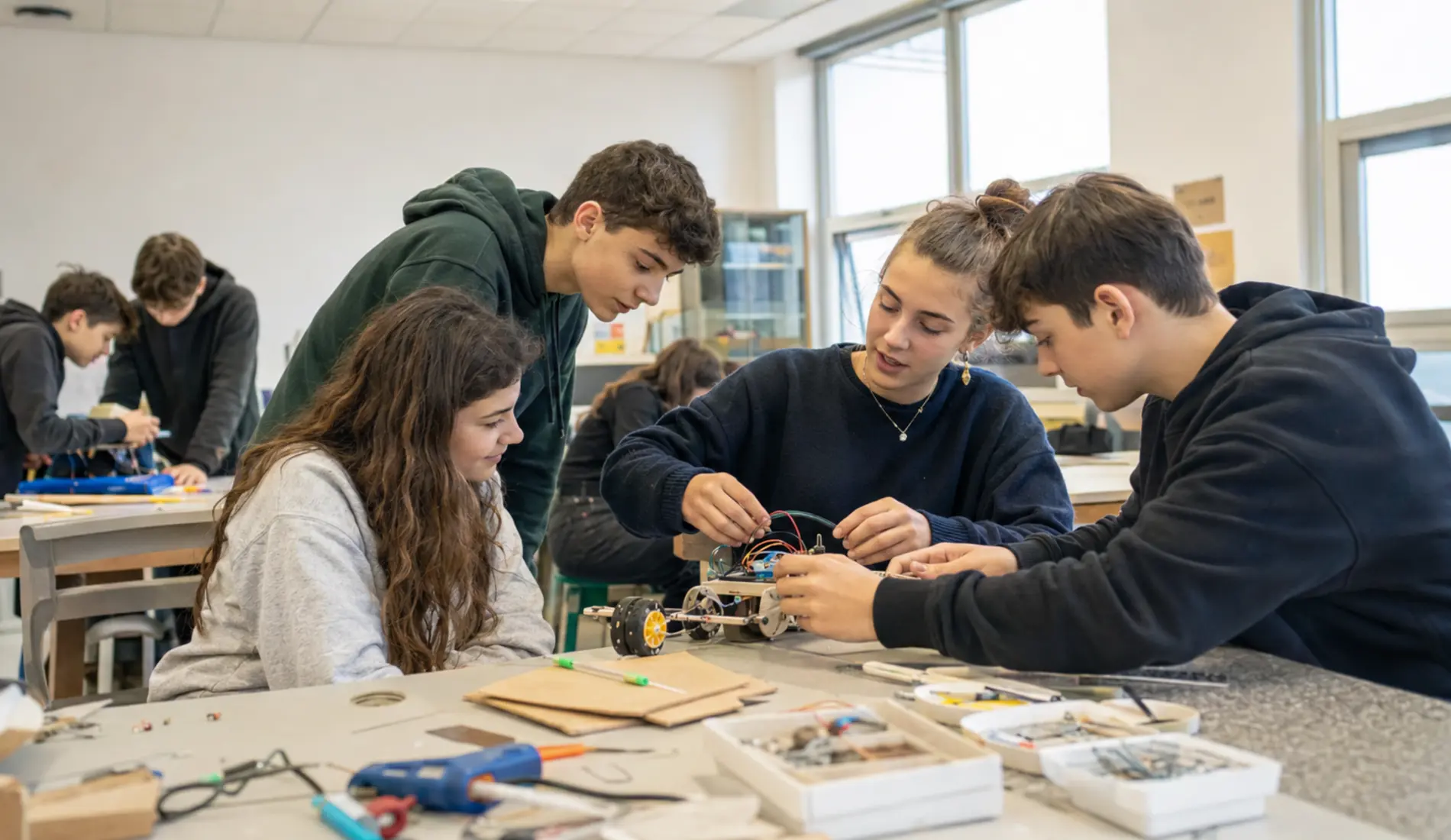 Studenti impegnati insieme nella costruzione di un piccolo robot