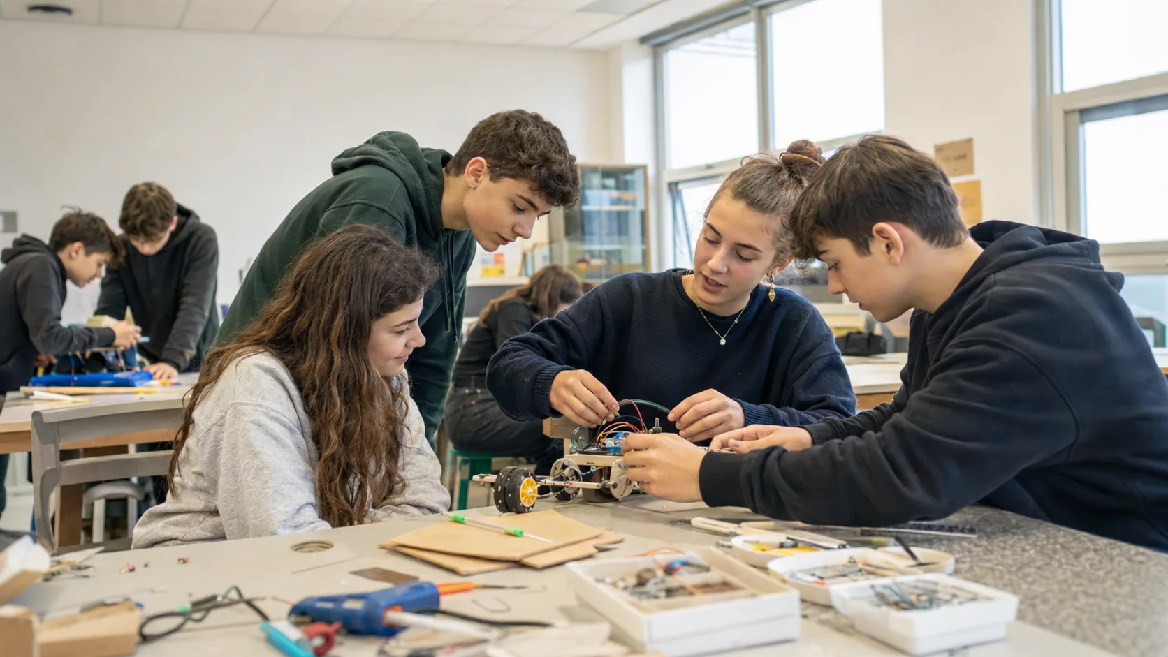 Ragazzi e ragazze impegnati insieme in un progetto di robotica in classe